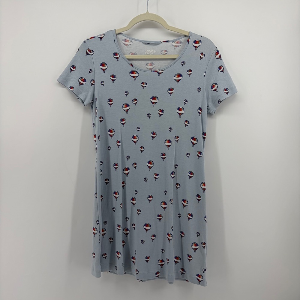 Lands' End Women SP Blue T-Shirt Dress Hot Air Balloon Print Cotton Short Sleeve